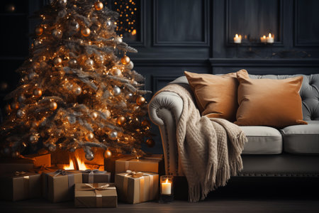 Cozy living room interior with Christmas tree, sofa and burning candlesの素材