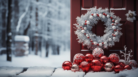 Christmas wreath with red and white baubles in front of a snowy doorの素材