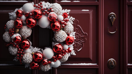 Christmas wreath of white and red balls on the door of the houseの素材