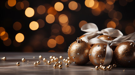 Golden Christmas balls with ribbon and bow on bokeh lights backgroundの素材