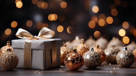 Beautiful Christmas baubles and gift box on blurred lights backgroundの素材