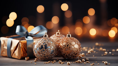 Golden christmas balls and gift box on bokeh lights backgroundの素材