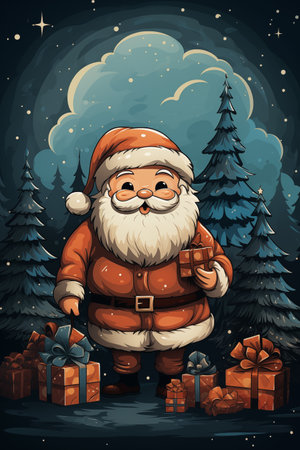 Santa Claus with gift boxes in the night forest. Christmas illustration.の素材