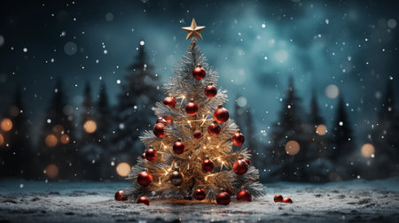 Christmas tree with golden star on snow background. 3D rendering.の素材
