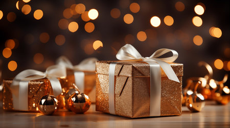 Christmas gift boxes with golden ribbons on bokeh background.の素材