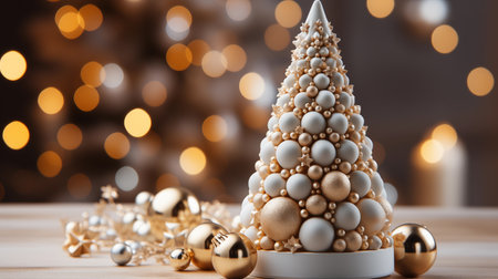 Christmas tree made of white and gold balls on bokeh backgroundの素材