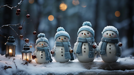 Snowman family in the winter forest. Christmas and New Year concept.の素材