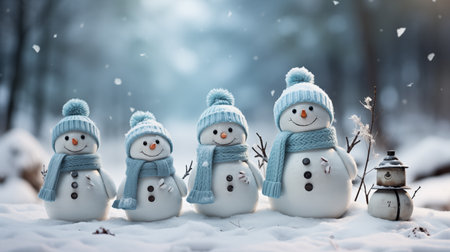 Snowman family in winter forest. Christmas and New Year concept.の素材
