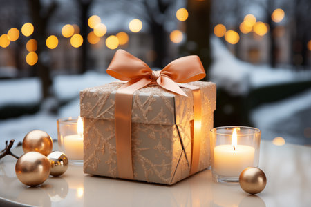 Beautiful gift box with bow and burning candles on white table outdoorsの素材