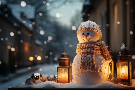 Snowman with lanterns on snowy street at night. Christmas decorationの素材