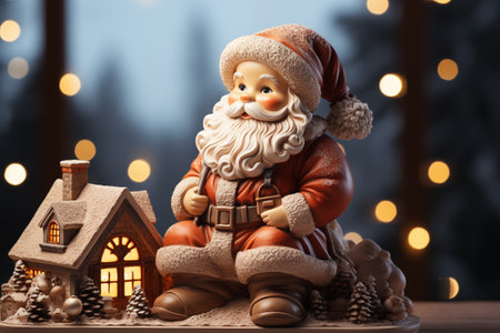 Santa Claus toy and wooden house on bokeh background. Christmas decorationの素材