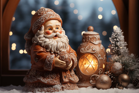 Christmas decoration with Santa Claus and lantern on background of winter forest.の素材