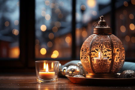 Burning candles in arabic lantern on wooden table in roomの素材