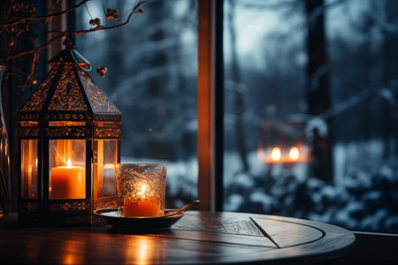 Burning candles in the interior of the window in the winter.の素材