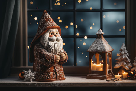 Christmas decoration with santa claus and candles on the windowsillの素材