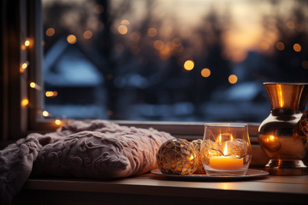 Burning candles on the windowsill in the evening in winter.の素材