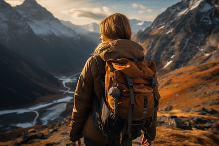 Back view of woman hiker with backpack standing on top of mountain and looking at the valleyの素材