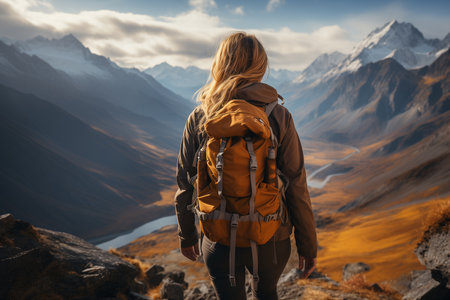 Hiker woman with backpack on the trek in Himalayas, Nepalの素材