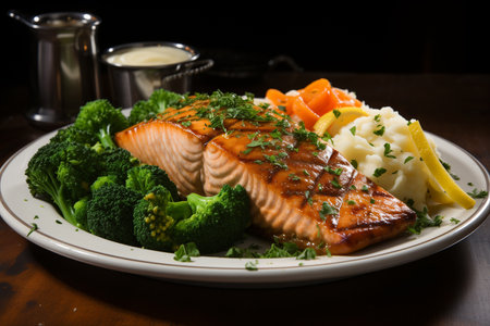Grilled salmon with mash potatoes and vegetables on a white plate.の素材