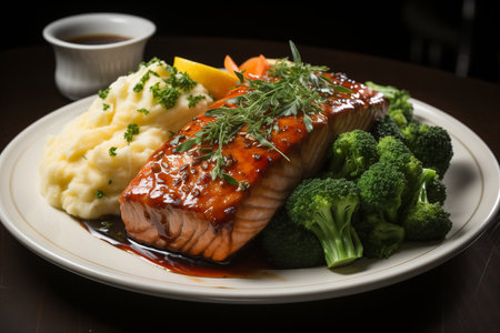 Grilled salmon fillet with mashed potato and vegetables on a plateの素材