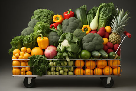 Shopping cart full of fresh fruits and vegetables. 3d illustrationの素材