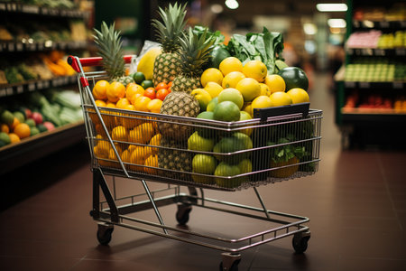 Shopping cart full of fresh fruits and vegetables in the supermarket.の素材