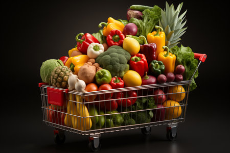 Shopping cart full of fresh vegetables on black background. Healthy food conceptの素材