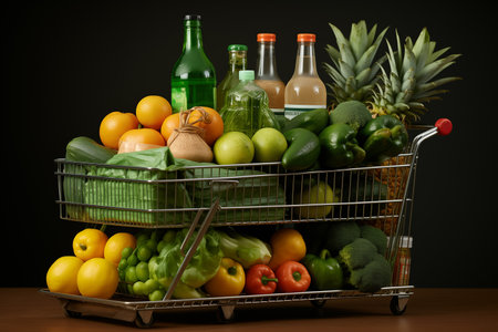 Shopping cart full of fresh vegetables and fruits. Dark background.の素材