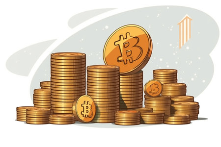 Vector illustration of a stack of gold coins with bitcoin symbol on top.の素材