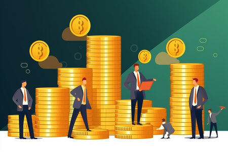 Business people standing on golden coins. Vector illustration in flat style.の素材