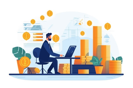 Businessman working on laptop in the office. Vector illustration in flat styleの素材
