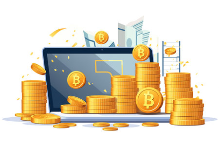 Bitcoin coins on laptop screen. Cryptocurrency concept. Vector illustrationの素材