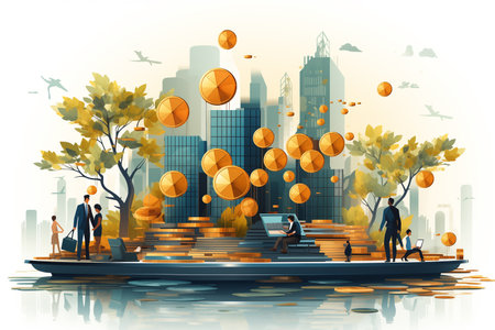Vector illustration of business people walking on a boat in the city.の素材