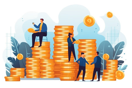 Investment concept vector illustration. Cartoon flat tiny people characters standing on stack of golden coins. Money savings, investment, business growth and financial success.の素材