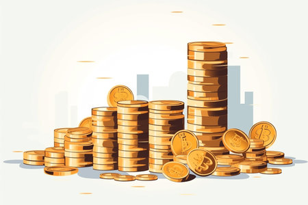 Vector illustration of a pile of golden coins on a city background.の素材