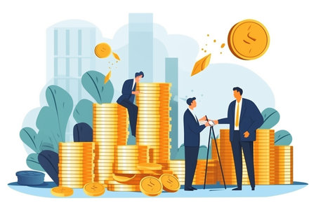 Business people working together on the background of money. Vector illustration.の素材