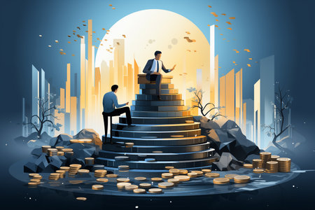 Businessman sitting on the top of the stairs and looking at the city. Vector illustration.の素材