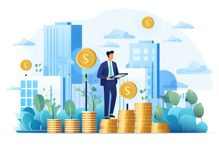 Businessman standing on stack of coins and using laptop. Vector illustration in flat styleの素材