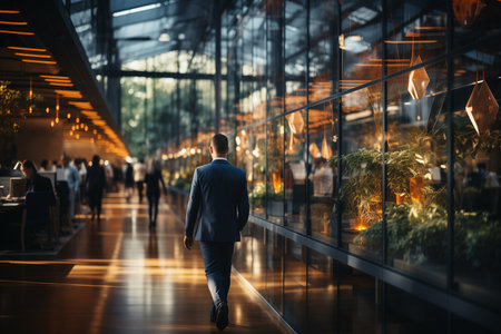 Businessman walking in the corridor of a modern office building, rear viewの素材