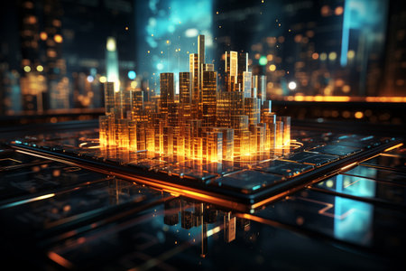 3D rendering of a city hologram on a dark background.の素材