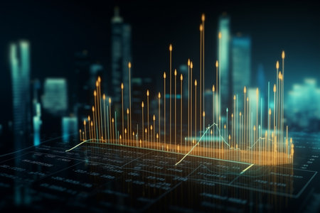 financial chart on cityscape background. 3d rendering toned image double exposureの素材