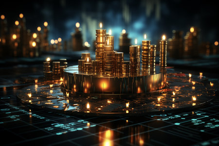 Circuit board and coins. 3d rendering toned image.の素材