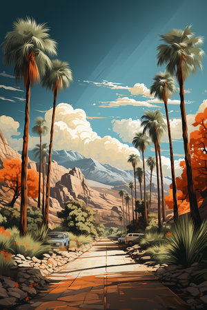 Beautiful landscape with palm trees and road in the desert, vector illustrationの素材