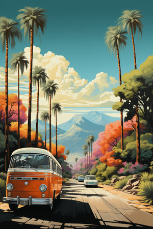 Vintage camper van on the road with palm trees in the backgroundの素材