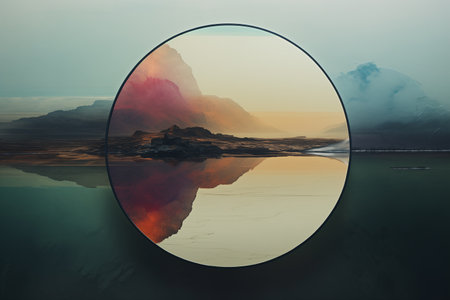 Mountain landscape with lake and reflection in a circle frame. 3d renderingの素材