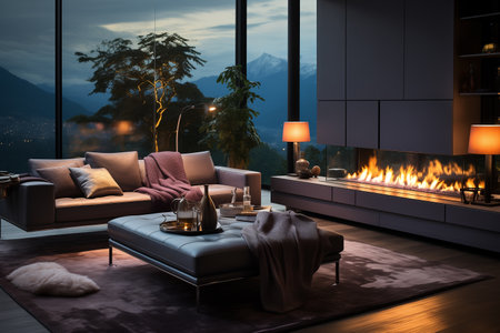 Luxury living room interior design with fireplace and mountain view.の素材