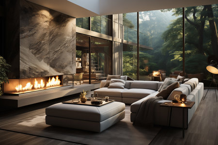 Interior of modern living room with fireplace and sofas.の素材