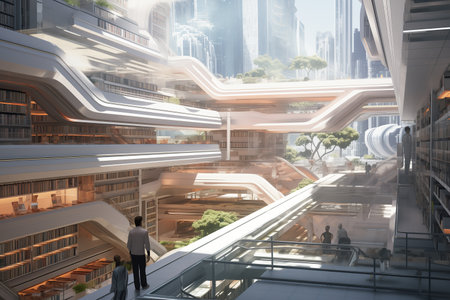 Business people walking on escalator in modern city. Futuristic library.の素材