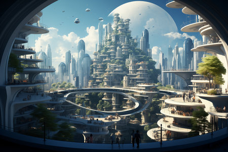 Futuristic city in the sky. Digital 3D rendering.の素材