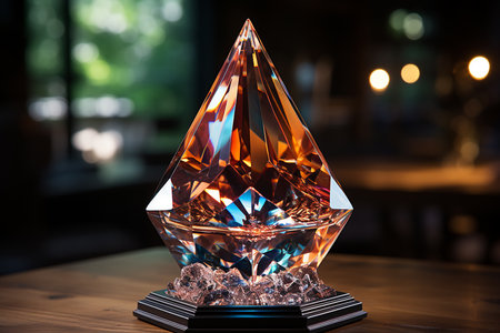 crystal glass trophy on wooden table in cafe, vintage color toneの素材